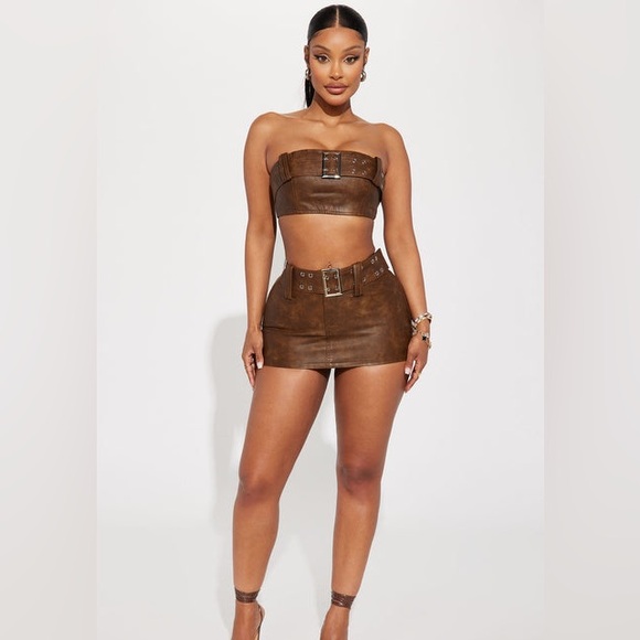 Fashion Nova Janisa Faux Leather Bantu Tube Top Brown - Picture 9 of 12